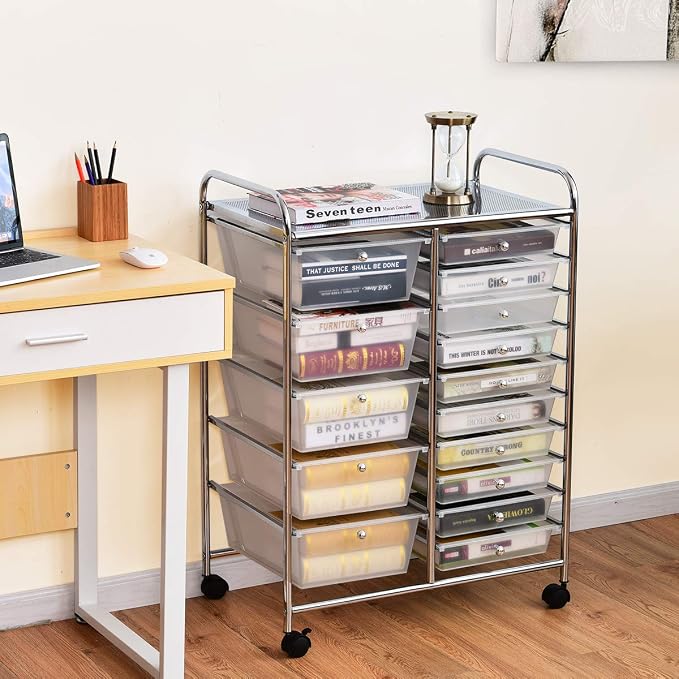RELAX4LIFE 15-Drawer Rolling Storage Drawer Cart Organizer | 34.5"H Chrome Frame, Semi-Transparent Clear Drawers Rolling Wheels; School Office Home Salon Multipurpose Utility Storage - Image 2