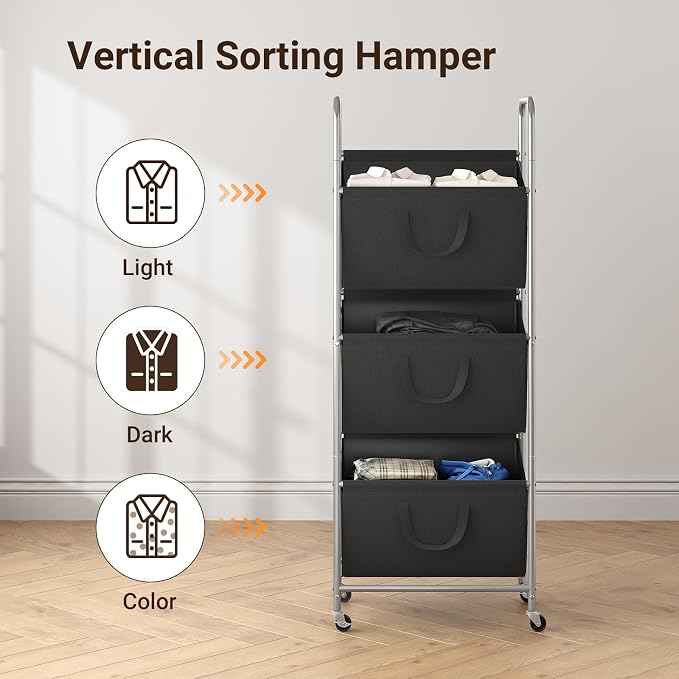 ELYKEN 3-Tier Vertical Rolling Laundry Hamper with Wheels & Removable Bags | 120L Capacity, Space-Saving Design, Locking Casters, 3 Section Laundry Sorter for Apartments, Small Spaces, Closet, Dorm - Image 6