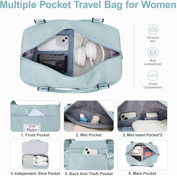 Large Weekender Bags for Women, Travel Duffel Bags with Shoe Compartment,Personal Item Travel Carry on Overnight bag for women Travel Set,Light Blue - Image 4