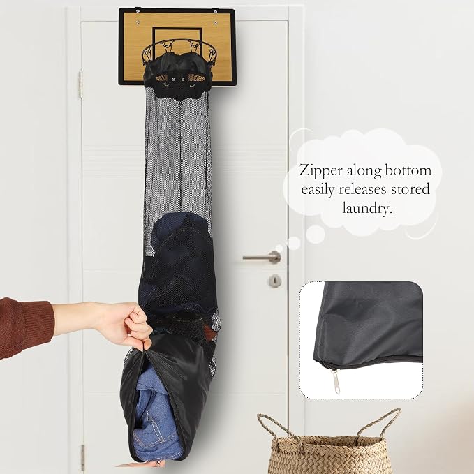 Over the Door Basketball Hoop Laundry Basket ,Wooden Basketball Laundry Hamper with Zipper for Kids Room,Dorm Rooms,Bathroom,Saving Space Storage and Organization - Image 4