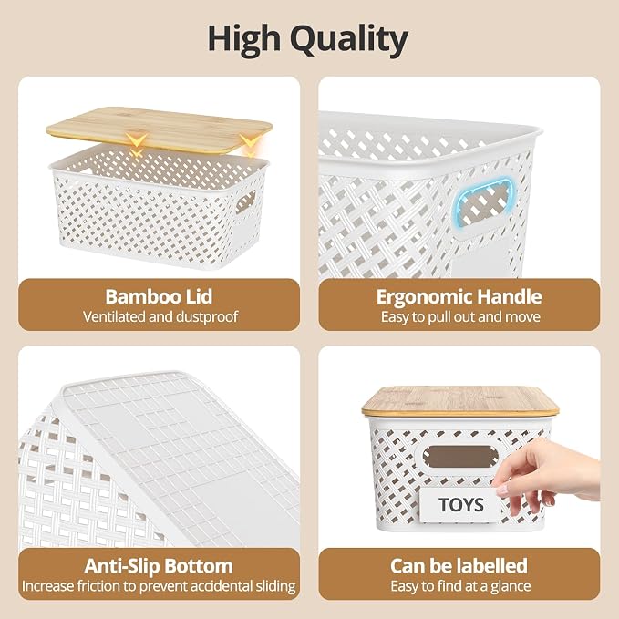 Plastic Storage Bins with Bamboo Lids, Stackable Small Box Baskets for Organizing and Containers for Shelves Drawers Desktop Closet Pantry Classroom Office Home, 6 Pack 10.2x7.2x4.1 Inch, White - Image 3