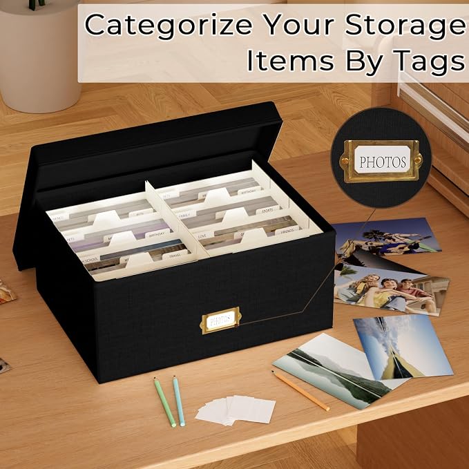 Decorative Photo Storage Box, Linen Photo Box Holds 1700 5x7 Pictures Black | Photo Storage Containers with 8 Dividers, Memory Keepsake Organizer for Photos, Scrapbook Supplies, Cards, Stamps,Archive Box - Image 7