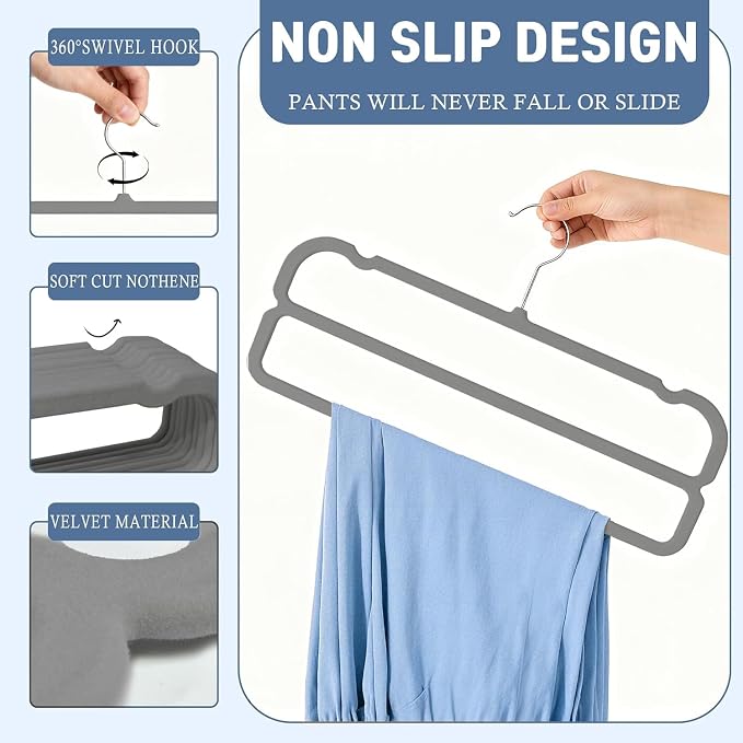 VSV stoage Velvet Pants Hangers with Double Non Slip Bar - Multiple Velvet Hangers for Closet - Thin Space Saving Clothes Hanger - 360° Swivel Felt Trouser Hanger Perchas Terciopelo 10 Pack (Grey) - Image 3