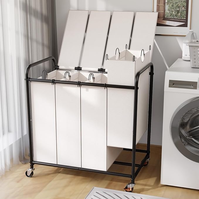 180L Laundry Sorter 4 Section with Lockable Wheels and Lid White | 4 Large Separate Removable Bags | Heavy Duty Rolling Laundry Basket | Laundry Hamper Cart for Laundry Room Organizer by YKDIRECT