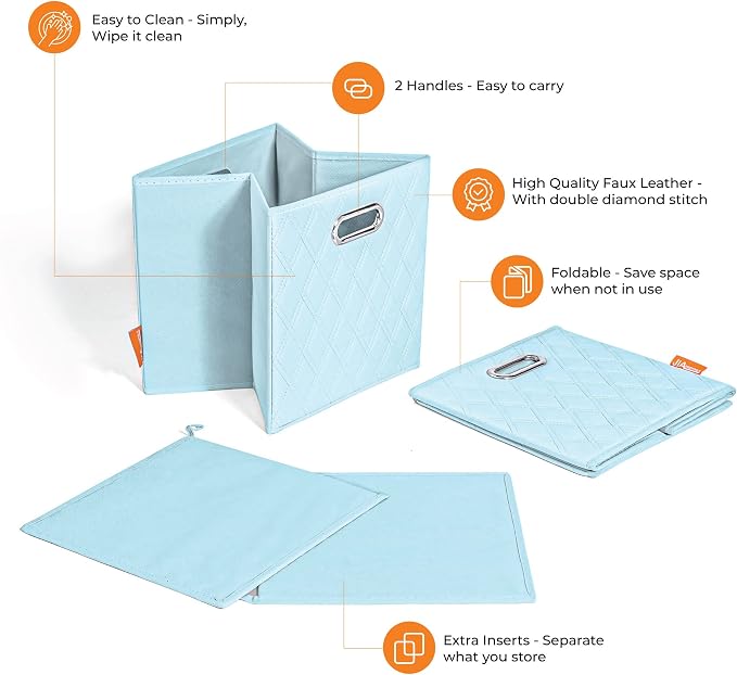 Small 11-inch Blue Foldable Diamond Patterned Faux Leather Storage Cube Bins Set of Four with Handles with Dual Handles for living room, bedroom and office storage - Image 8
