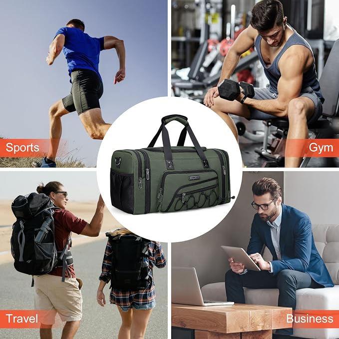 WITZMAN Mens Duffle Bag Expandable 50L Travel Gym with Shoe Compartment | Nylon, Large, With Dry-wet Pocket, Fits 16" Laptop, Carry-on Bag, For Sports Weekender Overnight, B695 Army Green - Image 8