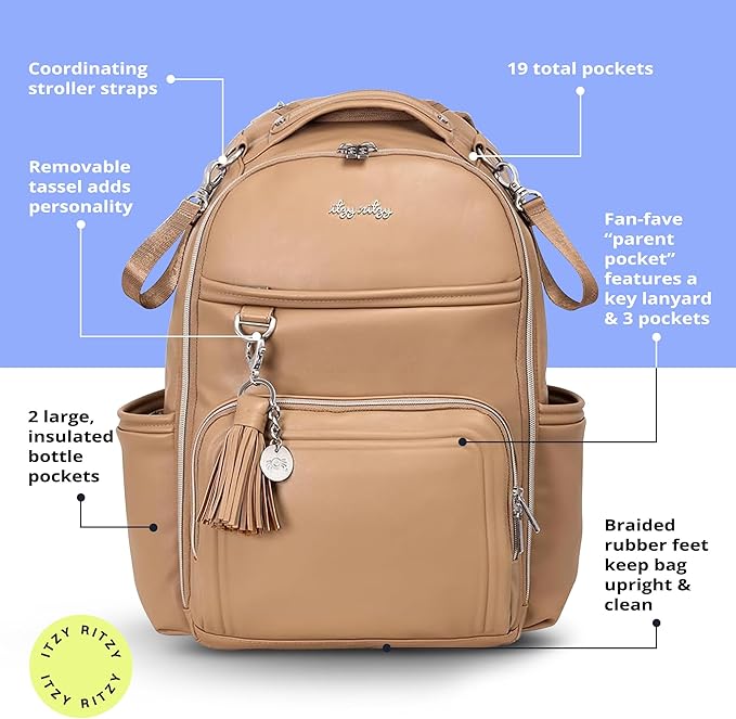 Itzy Ritzy Boss Plus Large Diaper Bag Backpack with 19 Pockets (Chai) | Includes 2 Insulated Bottle Pockets, Changing Pad, Stroller Clips, Comfortable Padded Straps, Easy-to Clean, Travel-Ready - Image 4