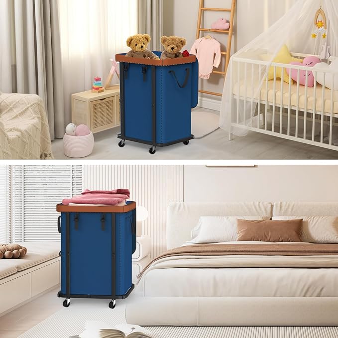 Laundry Basket with Wheels,150L (40 Gal) Rolling Hamper Carts - Navy Blue | Leather Patchwork Laundry Hamper,Sturdy Metal Frame, Removable Washable Bag, Tall Clothes Sorter for Bedroom, Laundry Room - Image 7