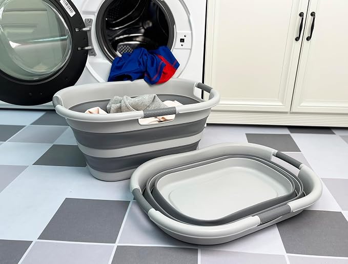 SAMMART 40L (10.5 gallon) Set of 2 Collapsible Plastic Laundry Hamper - Foldable Pop Up Storage Container/Organizer - Portable Washing Tub - Space Saving Basket (2, Grey/Dark Grey) - Image 2