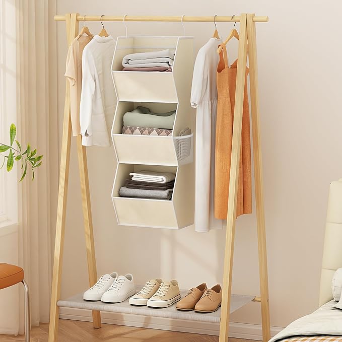 Hanging Closet Organizers and Storage for Kids Room Organization, 3 Tiers | Hanging Closet Shelves for Underwear Swimsuit Storage, Hanging RV Closet Organizers and Storage Camper Closet Organizer Beige - Image 2