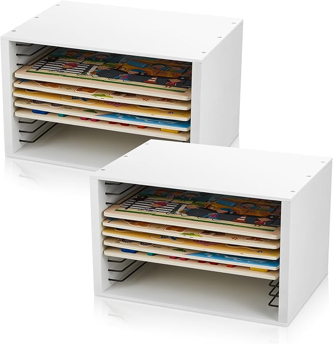 Puzzle Holder Rack, Set of 2, 12-Tier Wooden Jigsaw Puzzle Organizer Rack with Metal Interior, Stackable Storage Case Box Holder Space Saving Desktop Shelf, 24 Total Slots by Unknown