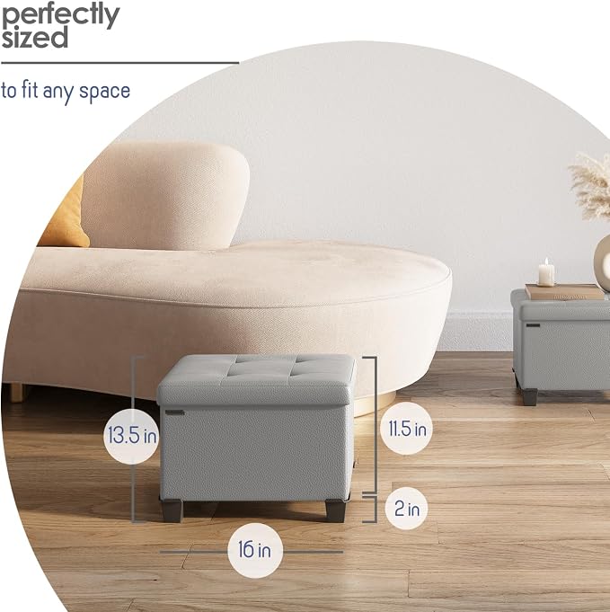Storage Ottoman Cube with Small Bin, 16-in Square Ottoman with Storage for Living Room and Bedroom, Small Ottomans Foot Rest, Leather Foot Stools Ottomans Max 330lbs, Light Grey - Image 8