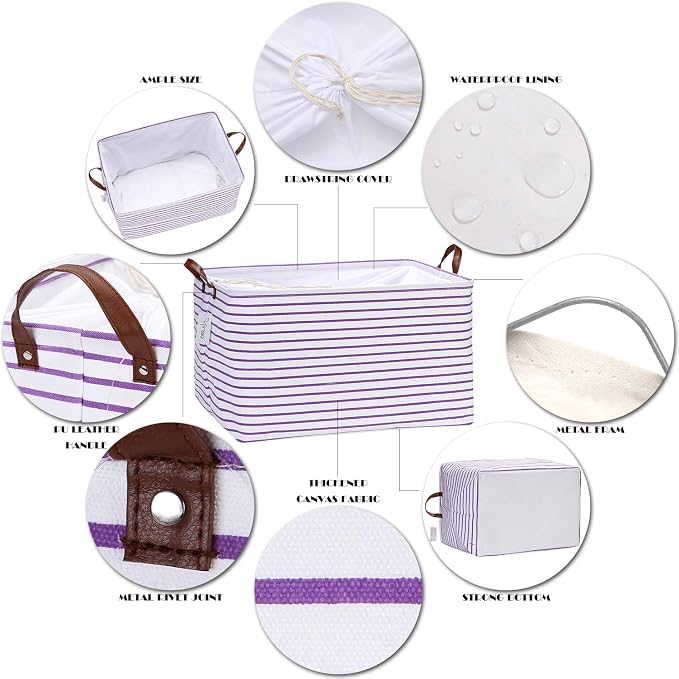 Hinwo 70L Extra Large Canvas Storage Bin with Lid and Handles | Collapsible Fabric Basket, Closet Shelf Organizer, Container for Clothing, Blankets, Toys, Bedding (Purple Stripe) - Image 4