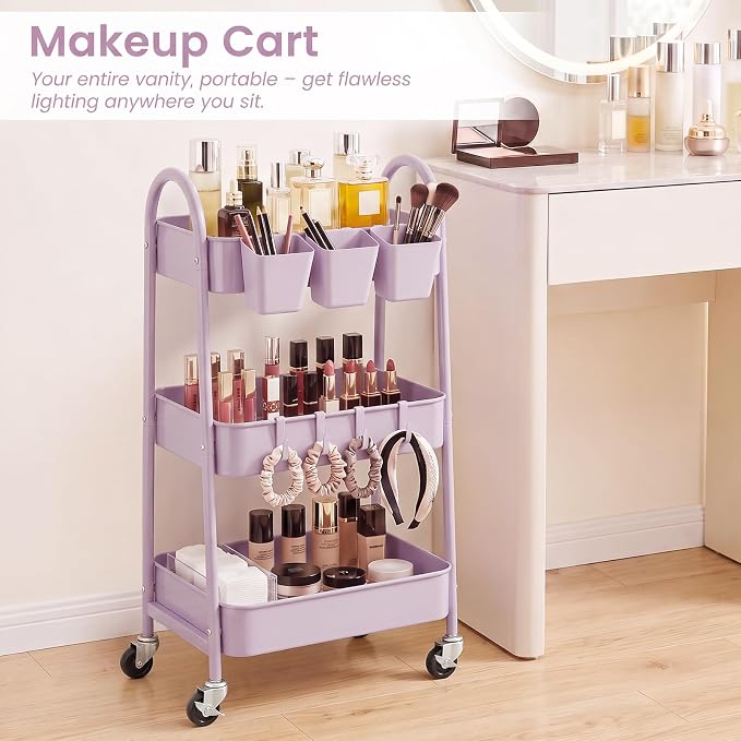 danpinera 3-Tier Rolling Cart, Utility Cart Mobile Metal Rolling Storage Cart with Lockable Wheels & Hanging Cups & Hooks for Kitchen, Bathroom, Office, Workshop, Purple - Image 6