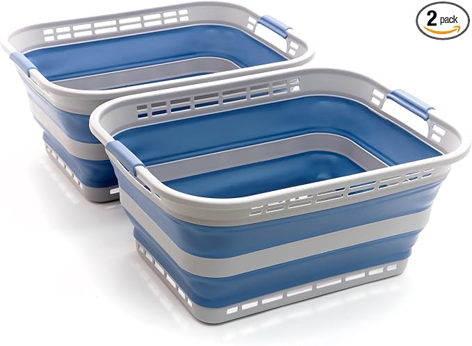 SAMMART 42L (11 gallons) Collapsible Plastic Laundry Basket - Portable Pop Up Storage Container/Organizer - Portable Hamper - Space Saving Easy Storage (Grey/Mist Blue (Set of 2)) by SAMMART