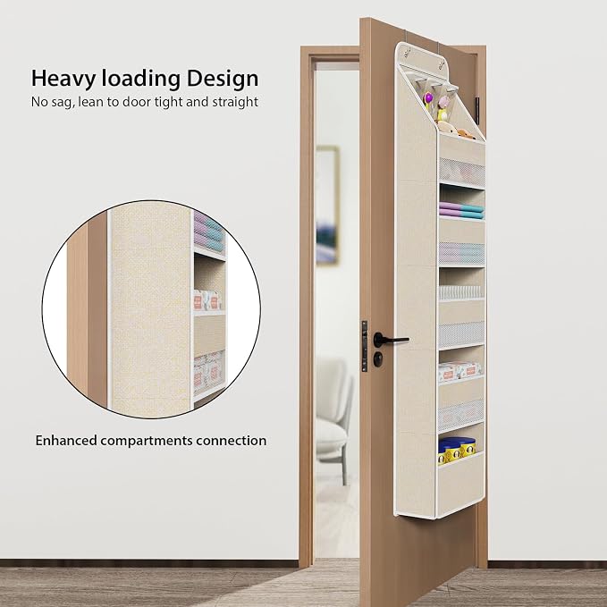 Univivi Over the Door Organizer for Baby Nursery, Beige Pattern, 6-Shelf | Door Storage with Large Capacity Breathable Mesh Pockets, Fabric Over Door Organizer for Baby Essential, Bedroom and Dorm - Image 2
