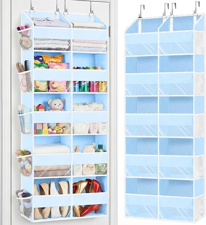 Blue Over the Door Organizer 5 Tiers, Extra Large Behind Door Storage of 10 Compartments, 80 lbs Weight Capacity Hanging Storage Organizer with Clear Window Kids Toys, Shoes, Diapers, Room storage by Ofiray-home