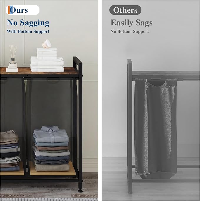 Garvee 194L Laundry Hamper 4 Sections, Rustic Brown + Black | Laundry Basket with Shelf & 4 Removable Bags, Dirty Clothes Basket Organizer for Bathroom Bedroom Room Organization - Image 8