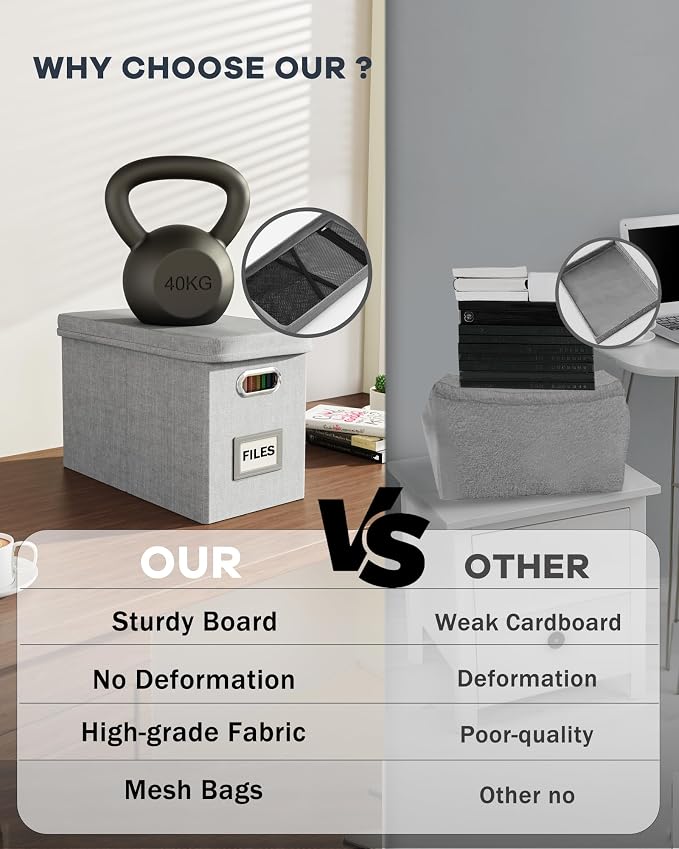 Hanging Filing File Box with Mesh Pocket, File Organizer Box with Lid, Collapsible Document Organizer Box for Letter Size, Easy Slide Durable Storage Box for Office/Decor/Home (2 PCS, Grey) - Image 3