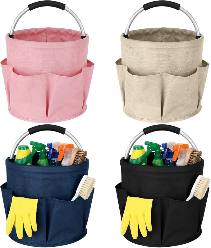 LemonRoad 4 Pack Cleaning Caddy with Handle 17L Foldable Cleaning Supplies Organizer Oxford Cloth Storage Basket with 6 Pockets Portable Multi Bucket Bag for Home Garden (Black,Beige,Navy Blue,Pink) by Unknown