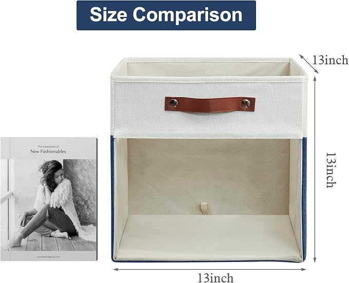 Storage Cubes, 4 Pack Linen Foldable Storage Bins (13 x 13 inch) with Clear Window and Handles, Fabric Organizer for Shelf Closet, Clothes, Books - (Navy Blue and White) - Image 2