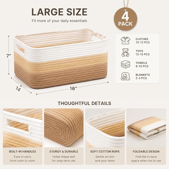 4 Pack Cotton Rope Storage Bins, 16x14x8 Inch Large Basket for Shelves, Closet, Nursery, Towels, Toys - Image 5