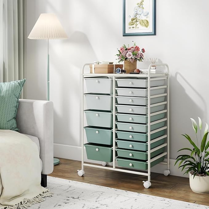 DREAMADE Rolling Storage Cart with 15 Drawers, Utility Cart, Gradient Green | Mobile Craft Cart with Lockable Wheels for Art Supplies, Paper, Scrapbook & Office Storage in Home, Living Room & Study - Image 9