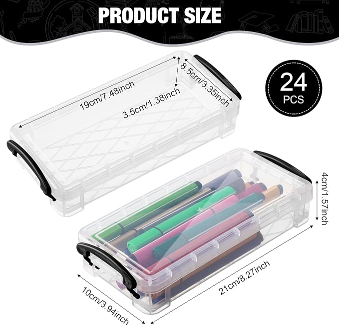 Gueevin 24 Pcs Large Capacity Plastic Pencil Box Clear Plastic Pencil Case Crayon Box with Snap Tight Lid Watercolor Pen Storage Brush Organizer Drawing Tools Container (Black) - Image 2