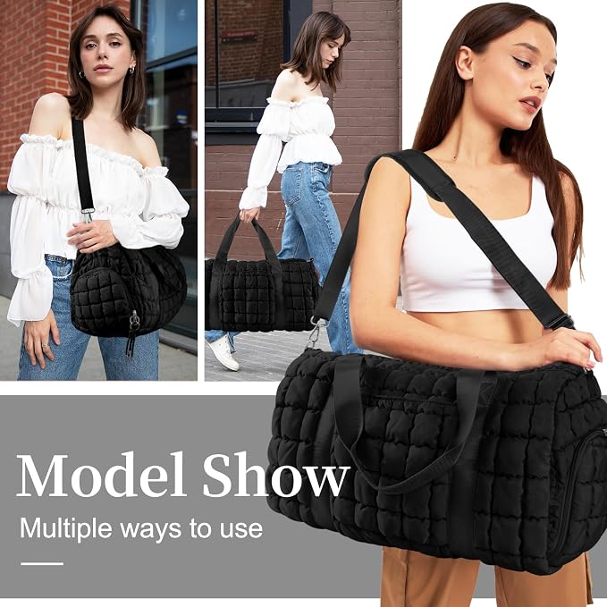 Quilted Travel Duffle Bag Gym Bag for Women,Large Puffer Duffle Weekender Bag with Compartment,Workout Overnight Carry on Organizer Bag Duffle Bag for Airplane Travel(L-Black) - Image 6