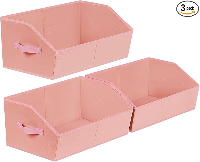 Closet Baskets for Shelves Trapezoid - Decorative Storage Baskets with Handle, Closet Bins for Organization, Shelf Storage Bins for Clothes, Books, Home, Office, 3 Pack, Pink by Homsorout