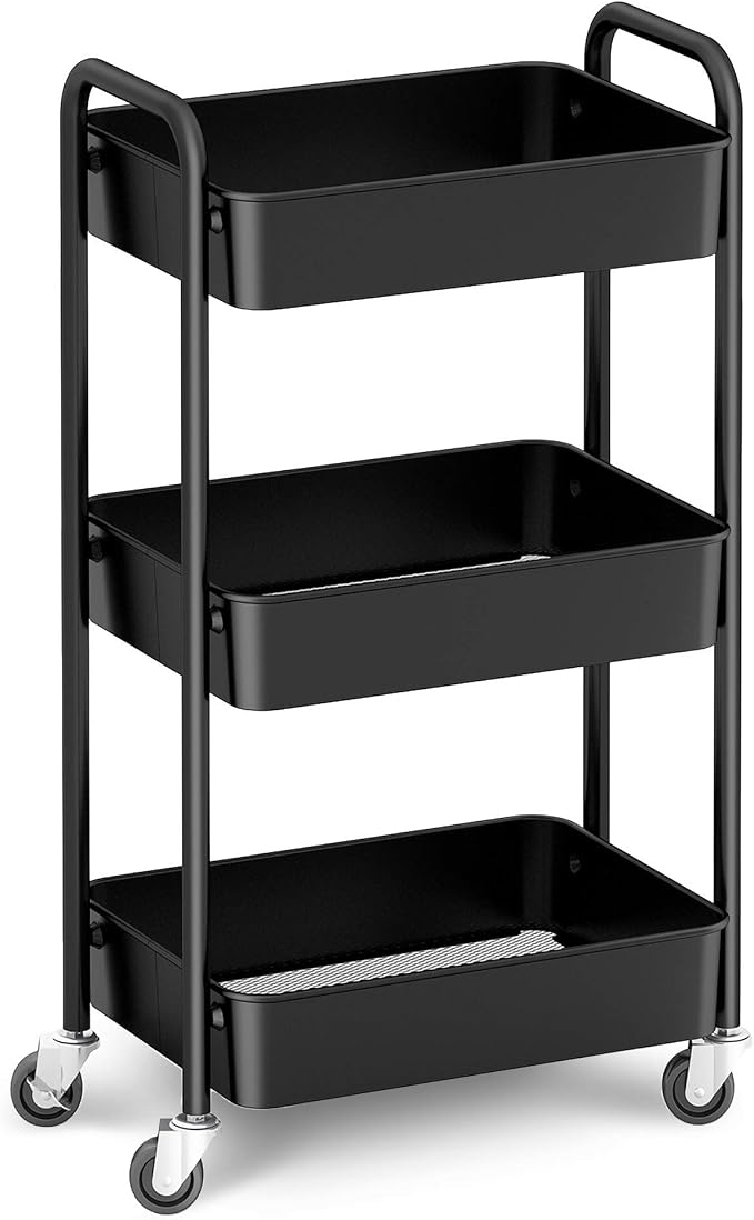 CAXXA 3-Tier Rolling Metal Storage Organizer - Mobile Utility Cart, Kitchen Cart with Caster Wheels (Black) by CAXXADIRECT