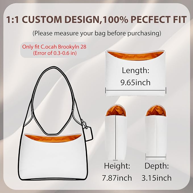 Brooklyn 28 Bag Insert, Purse Organizer Insert for Coach, White Honey | Waterproof Dupontpaper For Coach Brooklyn Shoulder Bag 28, Lightweight, 5 Compartments Zipper Pocket, Elastic Holders - Image 2