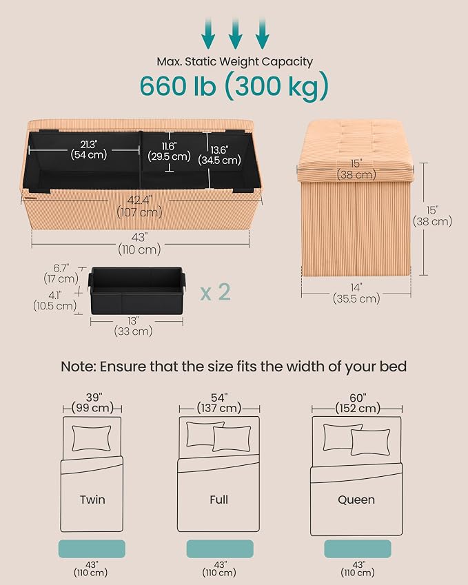 SONGMICS MAZIE Collection - Storage Ottoman Bench, Foldable Foot Rest, 15 x 43 x 15 Inches, End of Bed Bench, Storage Chest, Load 660 lb, Living Room, Bedroom, Entryway, Apricot ULSF604O01 - Image 2
