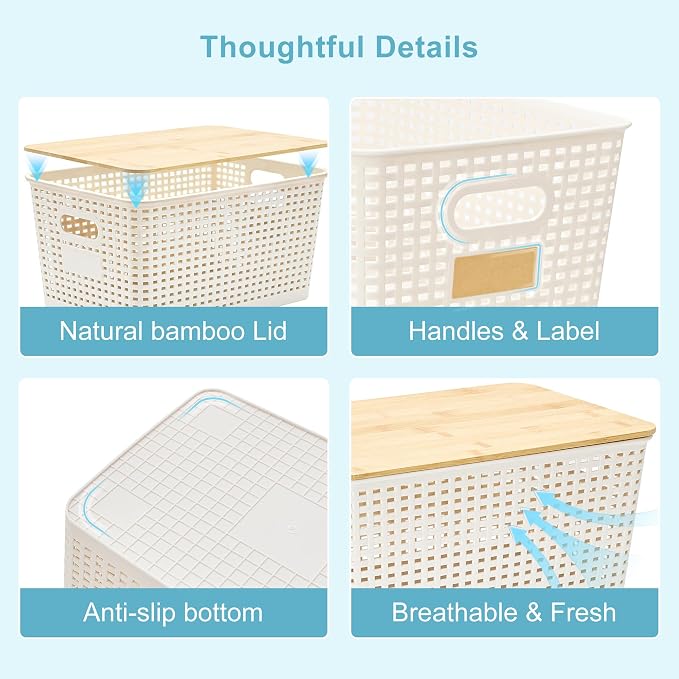 2 Pack Tall Plastic Storage Bins with Bamboo Lids, 10.8qt Stackable Storages Baskets for Organizing Desktop Closet Playroom Classroom Office, 12"L x 8.3"W x 6.1"H, Cream White - Image 8