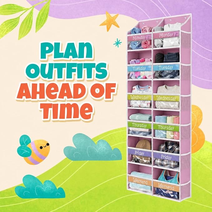 Housables Weekly Clothes Organizer for Kids, Kids Closet, 12 Shelf, Pink | Houseables Days of the Week Clothes Organizer, Daily Outfit Storage, Monday to Friday Clothing, Weekday, School, Door Hanging - Image 4
