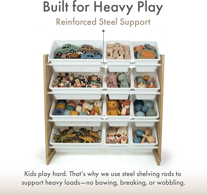 Humble Crew Kids Toy Organizer with 12 Bins, 4 Tier Storage for Playroom | Sturdy wood and steel toddler shelf, removable BPA-free containers, wall anchor anti-tip safety kit for bedroom or classroom - Image 5