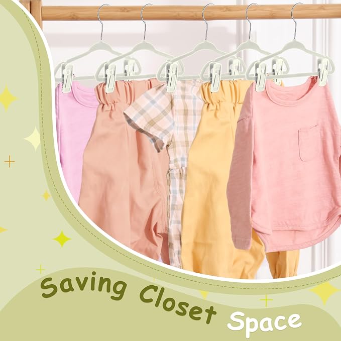 50 Pack Velvet Hangers for Baby & Kids, 11 Inch Non-Slip Infant Clothes Hangers with 100 Multi-use Adjustable Clips, Slim Space Saving Hanger for Nursery Closet, Toddler Skirts Pants Coat, Beige - Image 7