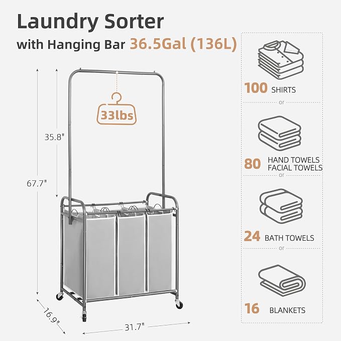 STORAGE MANIAC 136L Laundry Sorter with Hanging Bar, Portable, Removable Laundry Hamper Cart with Heavy Duty Rolling Lockable Wheels and Removable Bags, Rolling Laundry Basket Organizer, 3 Section - Image 3