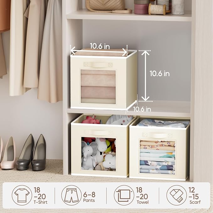 Foldable Storage Cubes - Cubby Storage Organizer with Window, Decorative Baskets for Organizing, Fabric Bins for Clothes Storage, Closet Storage Cubes-11inch, Set of 8, Beige - Image 4