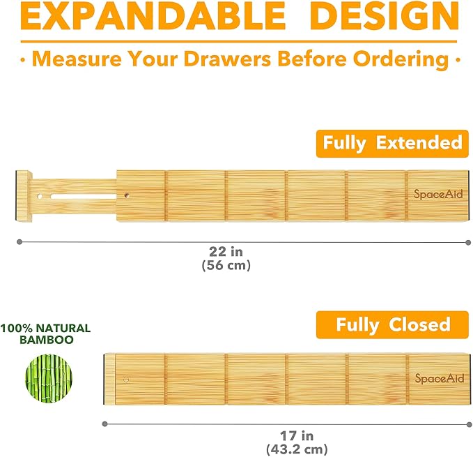 SpaceAid Bamboo Drawer Dividers with Inserts and Labels, Kitchen Adjustable Drawer Organizers, Expandable Organization for Home, Office, Dressers and Bathroom, 8 Dividers with 18 Inserts (17-22 in) - Image 6