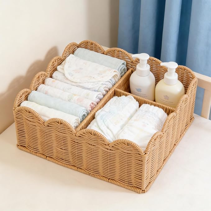 Rattan Divided Scalloped Basket,Wicker Diaper Caddy Scalloped Baske,Woven Natural Basket with 4 Dividers,Suitable for Baby Rooms, Bathrooms, Bedrooms (Imitation Rattan) by Unknown