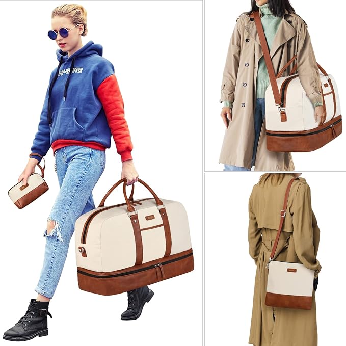 Weekender Bag for Women, Large Overnight Bag Canvas Travel Duffel Bag Carry On Tote with Shoe Compartment 21" 3Pcs Set - Image 7