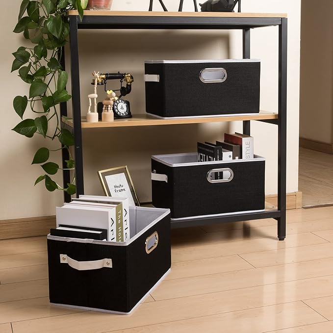 Fodable Storage Bins for Closet [3-pack] Decorative Fabric Storage Baskets Cubes with Leather/Metal Handles for Shelves Bedroom Living Room Black (11.5x8.5x6.7 Inch) - Image 3