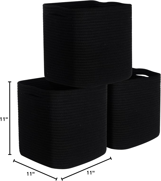 3-Pack 11x11 Inch Cube Storage Bin, Woven Organizer, Closet Cute Square Bins, Decorative Classroom Bathroom Pantry and Shelf Baskets, Full Black (MD-196) - Image 9