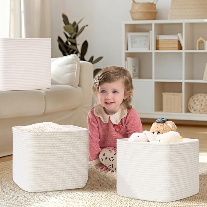3 Pack Cube Storage Bin, 12”x12”x10” Cotton Rope Woven Baskets for Organizing Toys Clothes Towels, Square Gift Storage Baskets for Shelves, Nursery, Closet, Bathroom, Pantry (White) - Image 2