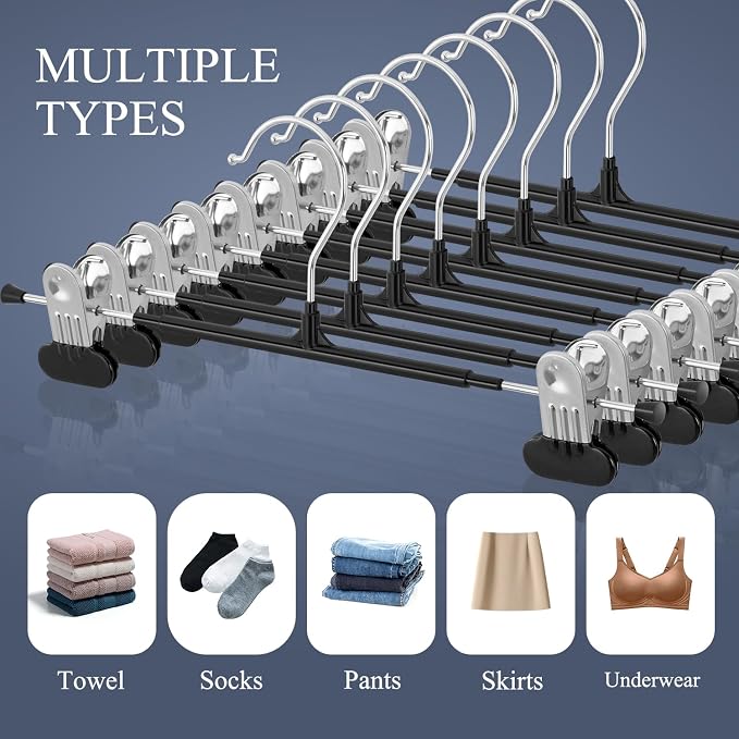 Clothes Pants Skirt Hangers with Wide Clips 12 Inch 20 Pack, Black | Non-Slip,Adjustable metal clips,Space-Saving,Heavy duty, for pants/skirt/dress/trousers/jeans/shorts/leggings, women,men - Image 6