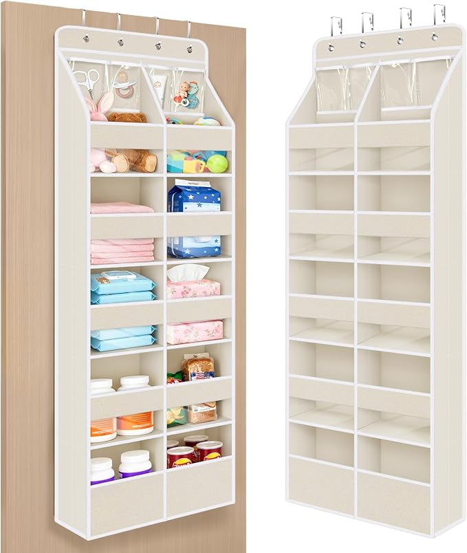 Univivi Upgraded Over Door Organizer for Baby Stuff, Beige Pattern, 6-Shelf | Fabric Behind Door Storage with Clear Window Deep Pockets, Over Door Hanging Organizer for Baby Essential, Bedroom, and Dorm by Univivi