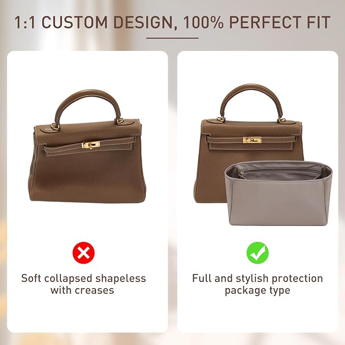 Satin Purse Organizer Insert for Hermes Birkin 35, Etoupe Grey | Satin Birkin 35 Insert, 6 Pockets, Zippered Pocket, Keychain, Lightweight, Scratch Resistant, Keeps Shape, Easy Clean - Image 4