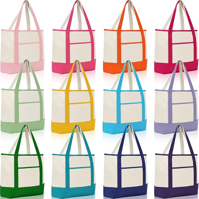 Sanwuta Canvas Tote Bags Bulk with Outer Pockets,Classic Color,12 Pack | Reusable Cotton Grocery Bags, Perfect for Teachers, Party Giveaways, DIY Crafts, Wedding Favors, Business Gifts by Sanwuta