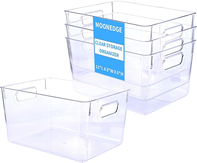 MOONEDGE 4 Pack Clear Plastic Storage Bins 11x8x6in Storage Containers | Drawer Organizer with Handles, Clear Bins for Organizing, Pantry, Kitchen, Fridge, Bath, Cabinet, Closet Shelf, Under-Sink by MOONEDGE